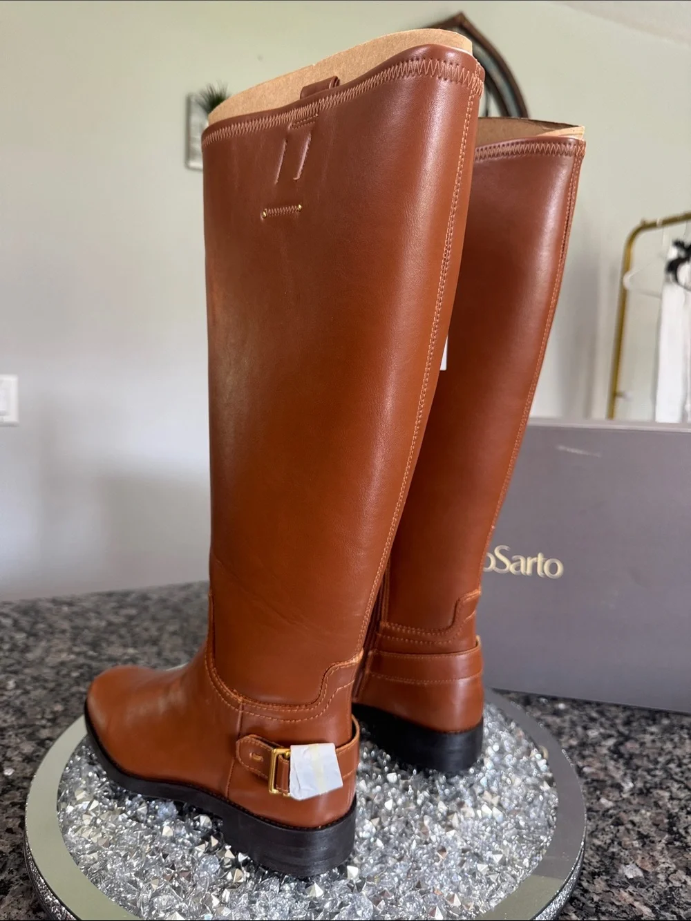 Franco Sarto Tall Cognac Over-the-Knee Boots with Gold Buckle NEW WIDE CALF 7